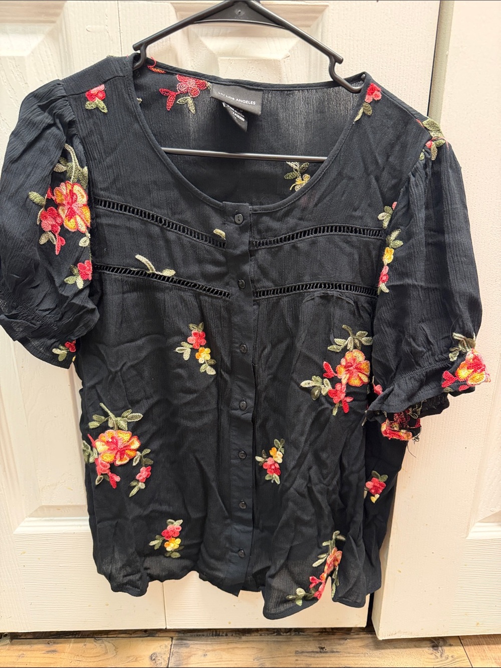 Embroidered Black Button-Front Blouse with Floral Detail